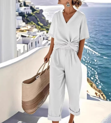Women's Pleated V-Neck Short-Sleeve Top and Cropped Pants Set (photo 10)