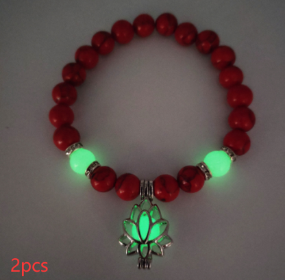 Glow-in-the-Dark Lotus Charm Beaded Bracelet – D, 2-Pack