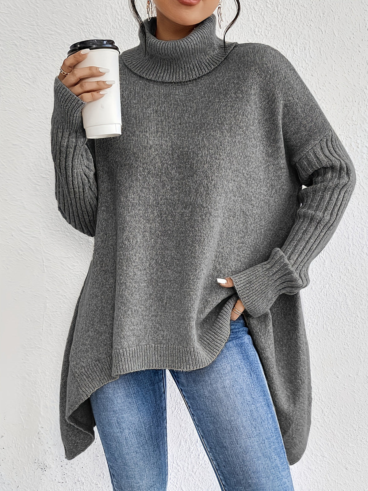 Women's Loose Irregular-Hem Turtleneck Sweater (photo 8)