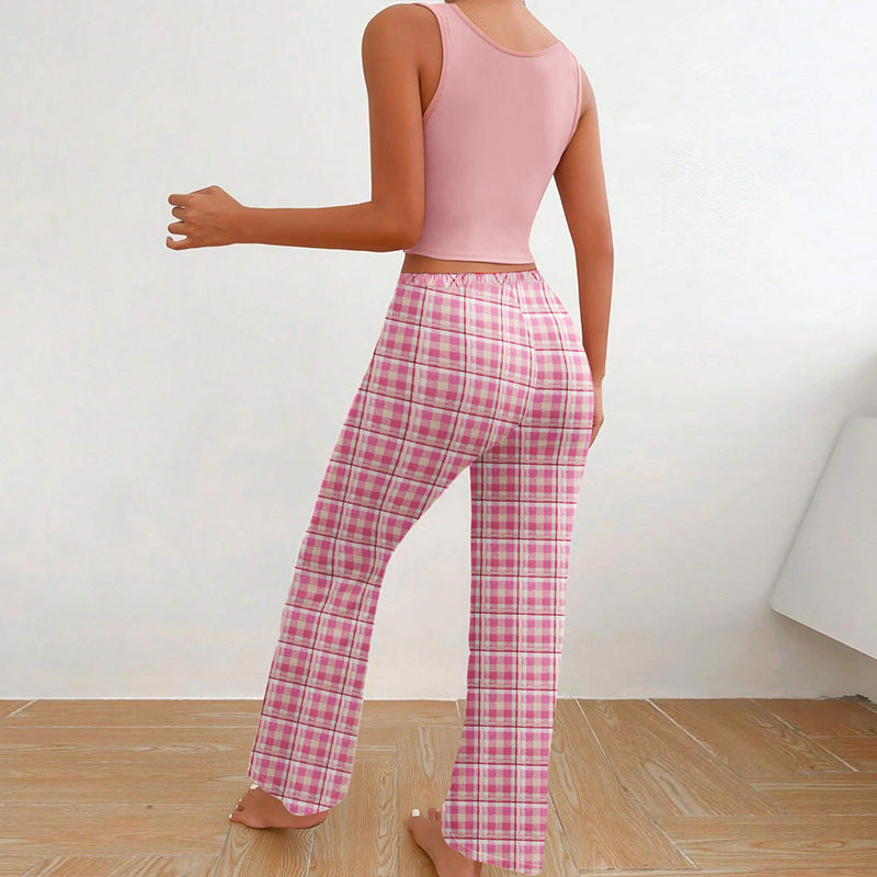 Women's Sleeveless Pajama Set with Plaid Pants (photo 3)
