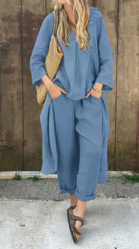 Women's Long V-Neck Top and Wide-Leg Pants Set (photo 6)