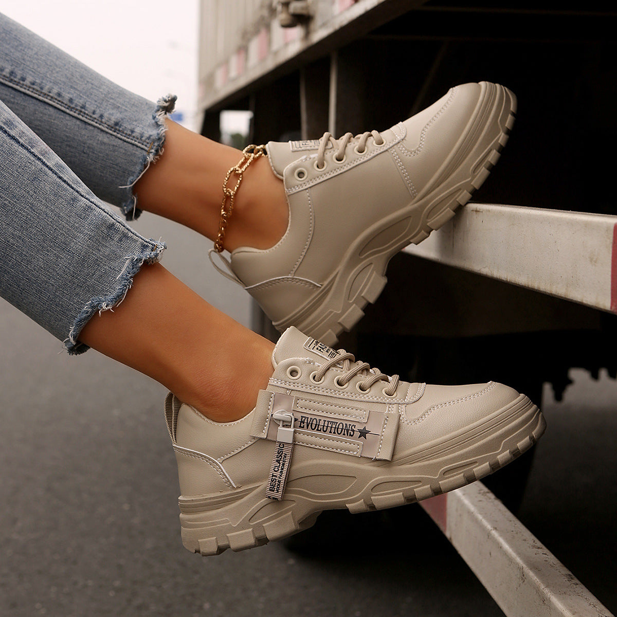 Women's Chunky Sole Lace-Up Sneakers with Side Zipper (photo 7)