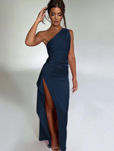 Women's One-Shoulder Satin Dress with Slit (photo 12)