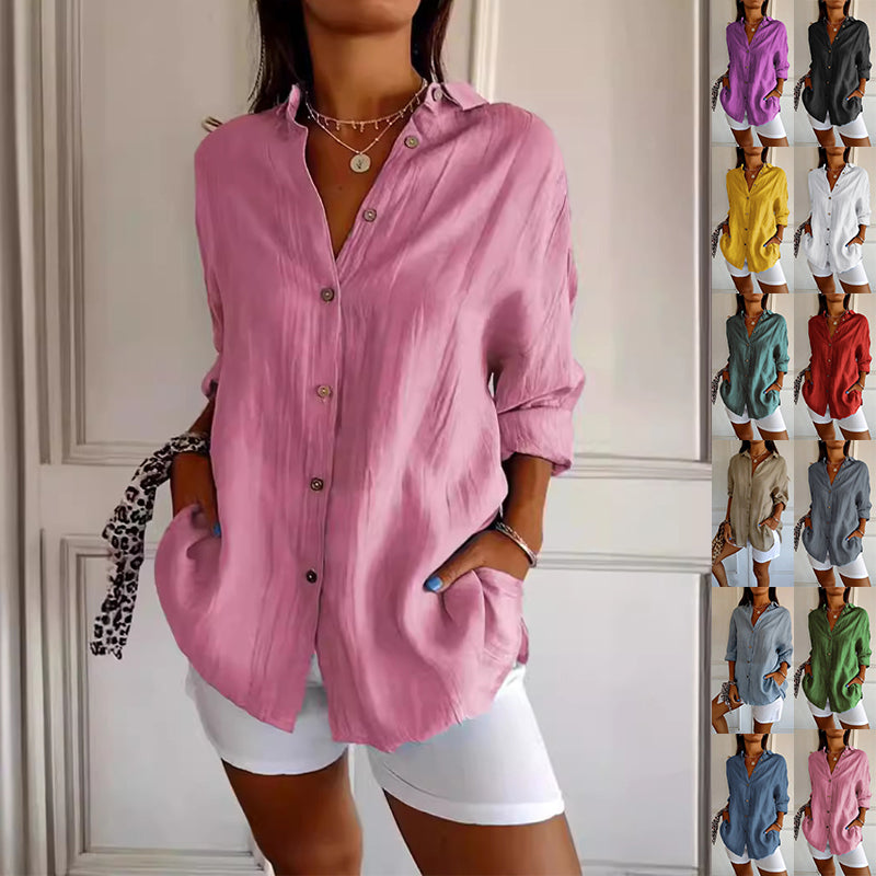 Women's Lapel Long-Sleeve Pleated Button-Front Shirt