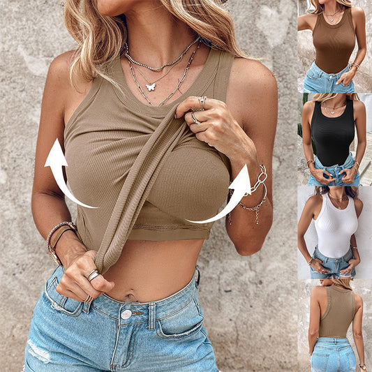 Women's Sleeveless Round-Neck Top with Built-In Bra
