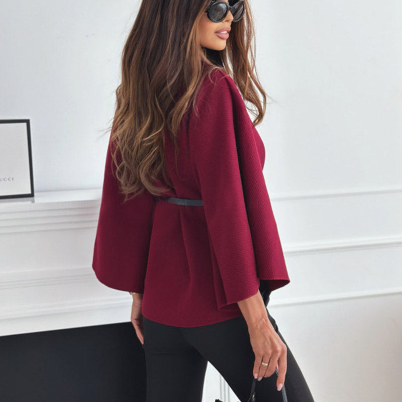 Women's Stand-Collar Batwing Cape Jacket with Belt (photo 2)