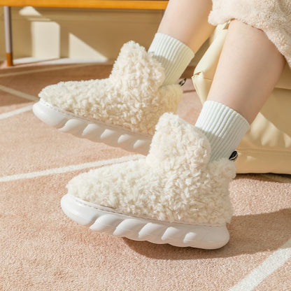 Plush High-Top House Slippers with Thick Sole – White
