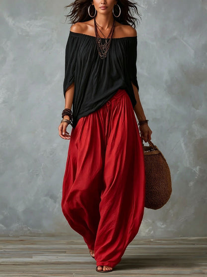 Women's Off-Shoulder Top and Flare Pants Set (photo 11)