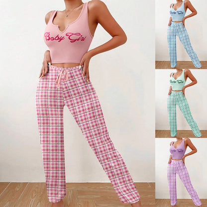 Women's Sleeveless Pajama Set with Plaid Pants