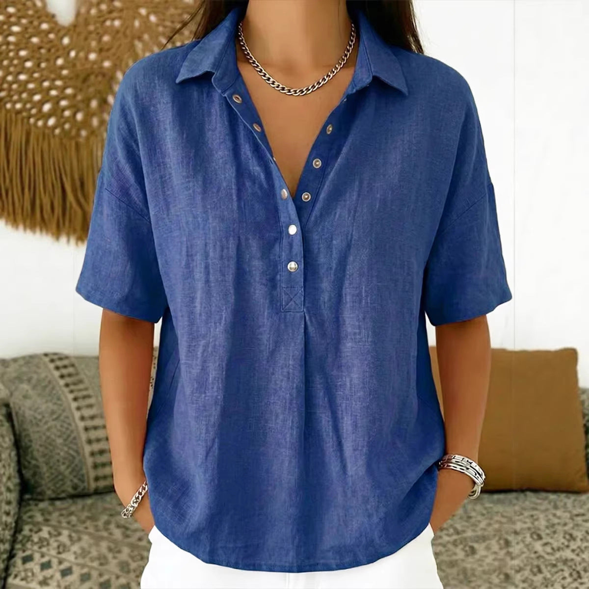 Women's Short-Sleeve Button-Detail Pullover Shirt (photo 12)