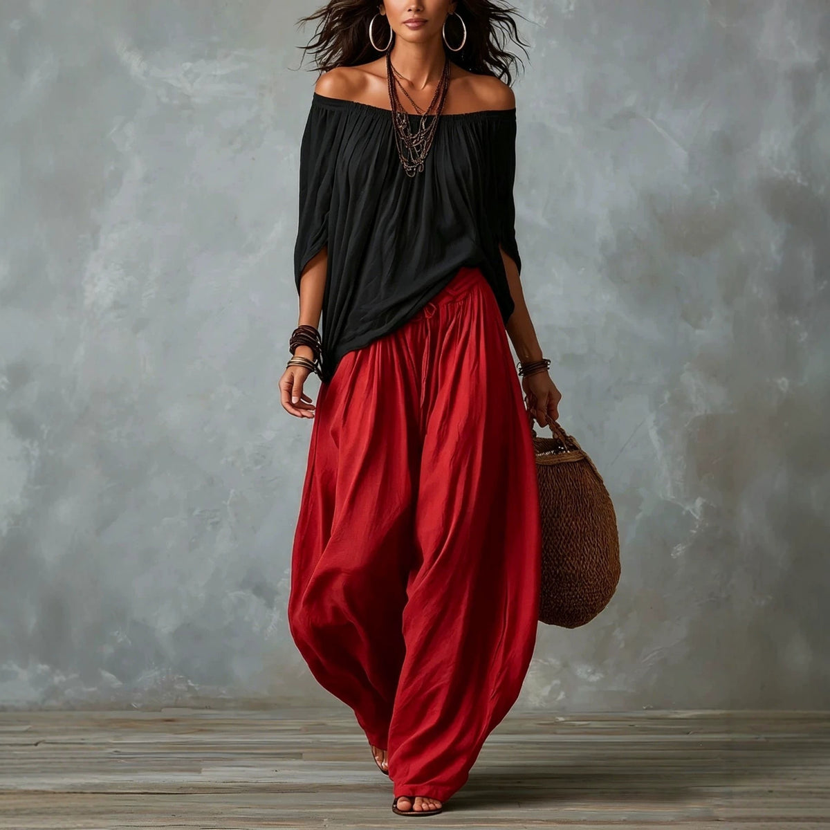 Women's Off-Shoulder Top and Flare Pants Set (photo 10)