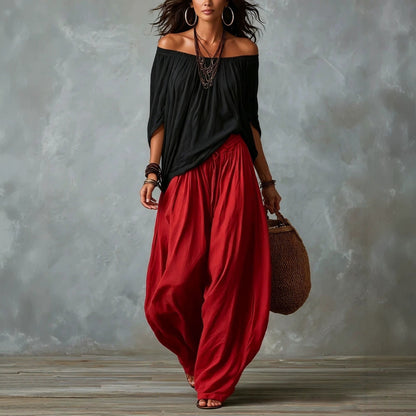 Women's Off-Shoulder Top and Flare Pants Set (photo 10)