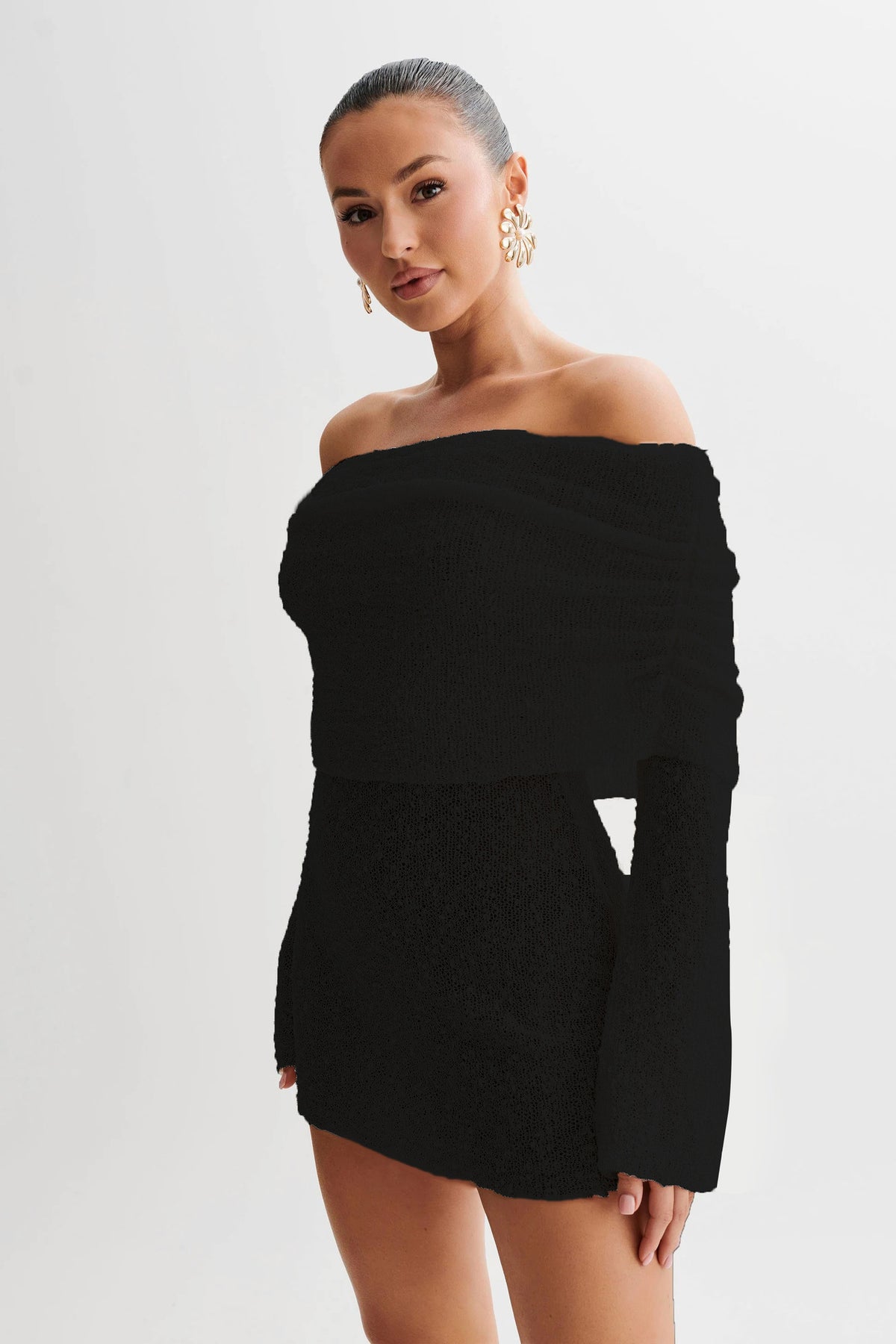 Women's Off-Shoulder Fuzzy Knit Mini Dress (photo 7)