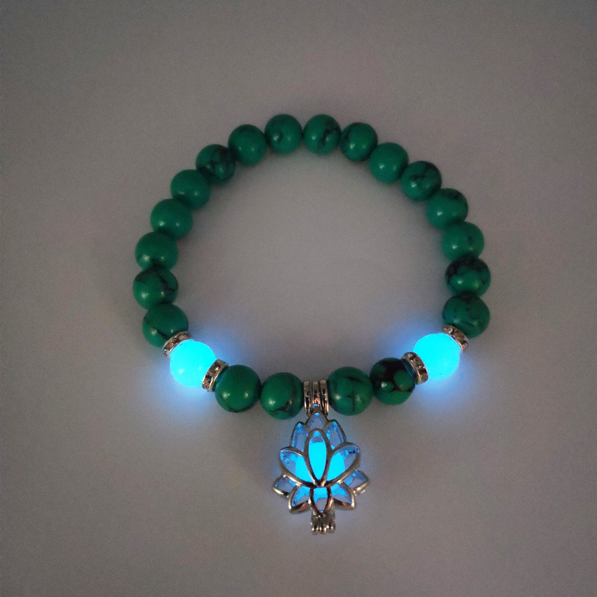 Glow-in-the-Dark Lotus Charm Beaded Bracelet – E