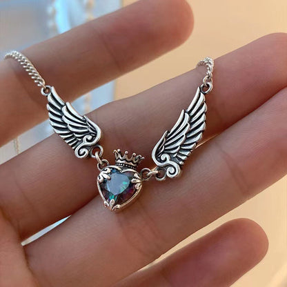 Gothic Heart Crown Angel Wings Pendant Necklace (photo 3)