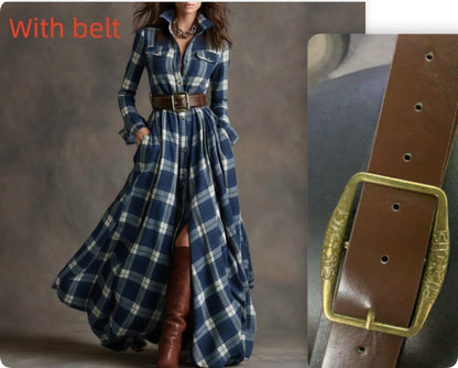 Women's Plaid Long-Sleeve Shirt Dress with Pockets (photo 17)