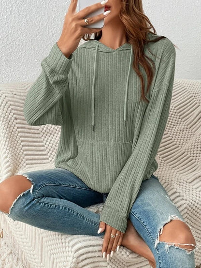 Women's Drawstring Hooded Knit Sweatshirt with Pockets (photo 2)