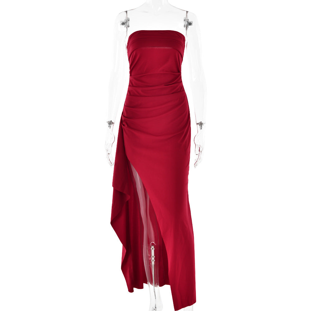 Women's Strapless Pleated Split Maxi Dress (photo 11)