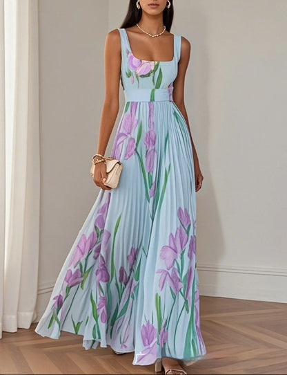 Women's Floral Pleated Sleeveless A-Line Midi Dress (photo 2)