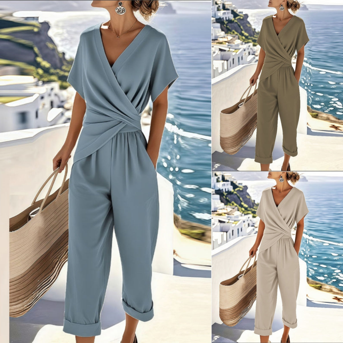 Women's Pleated V-Neck Short-Sleeve Top and Cropped Pants Set