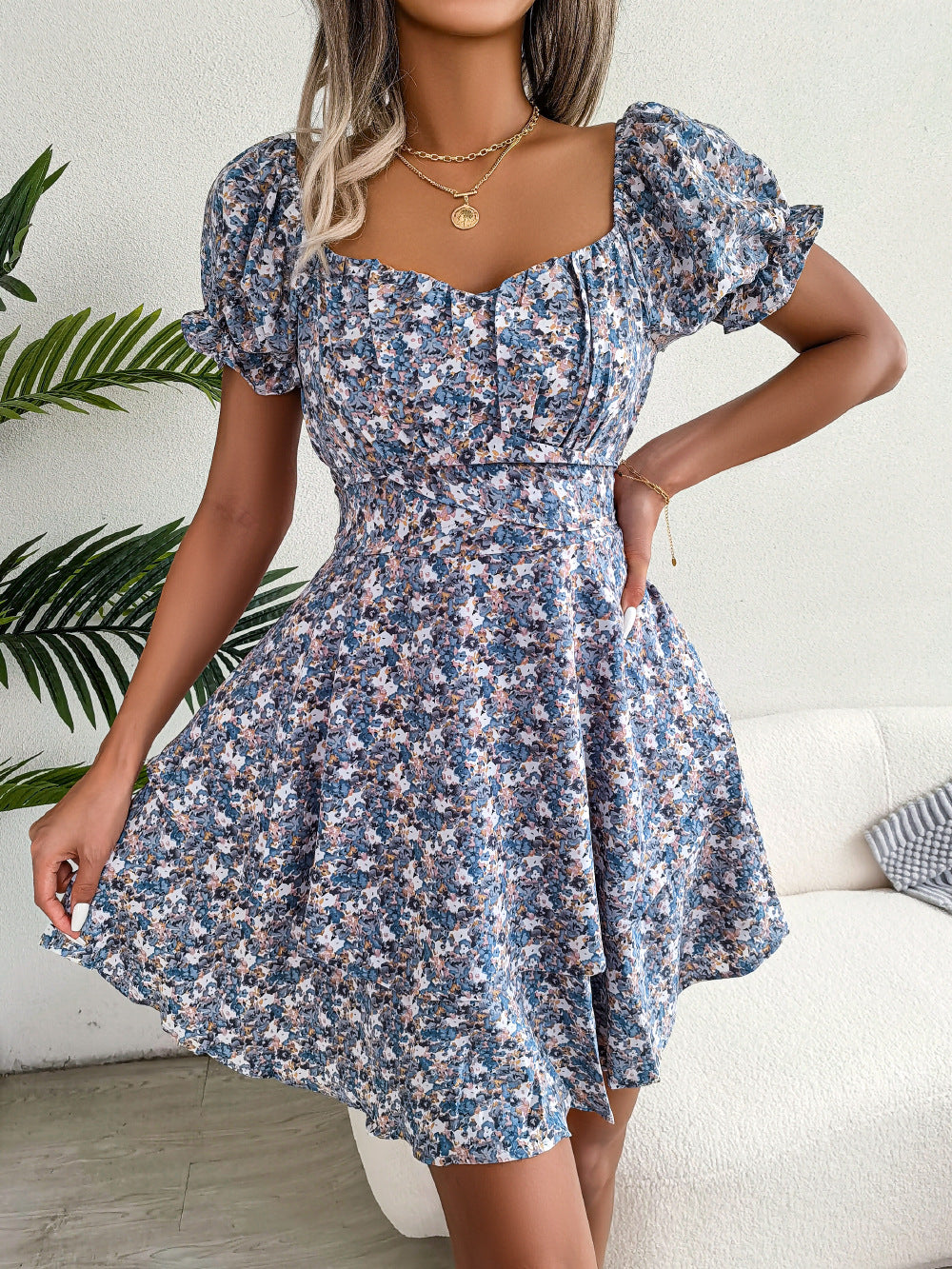 Women's Floral Short-Sleeve Ruffle Mini Dress (photo 21)