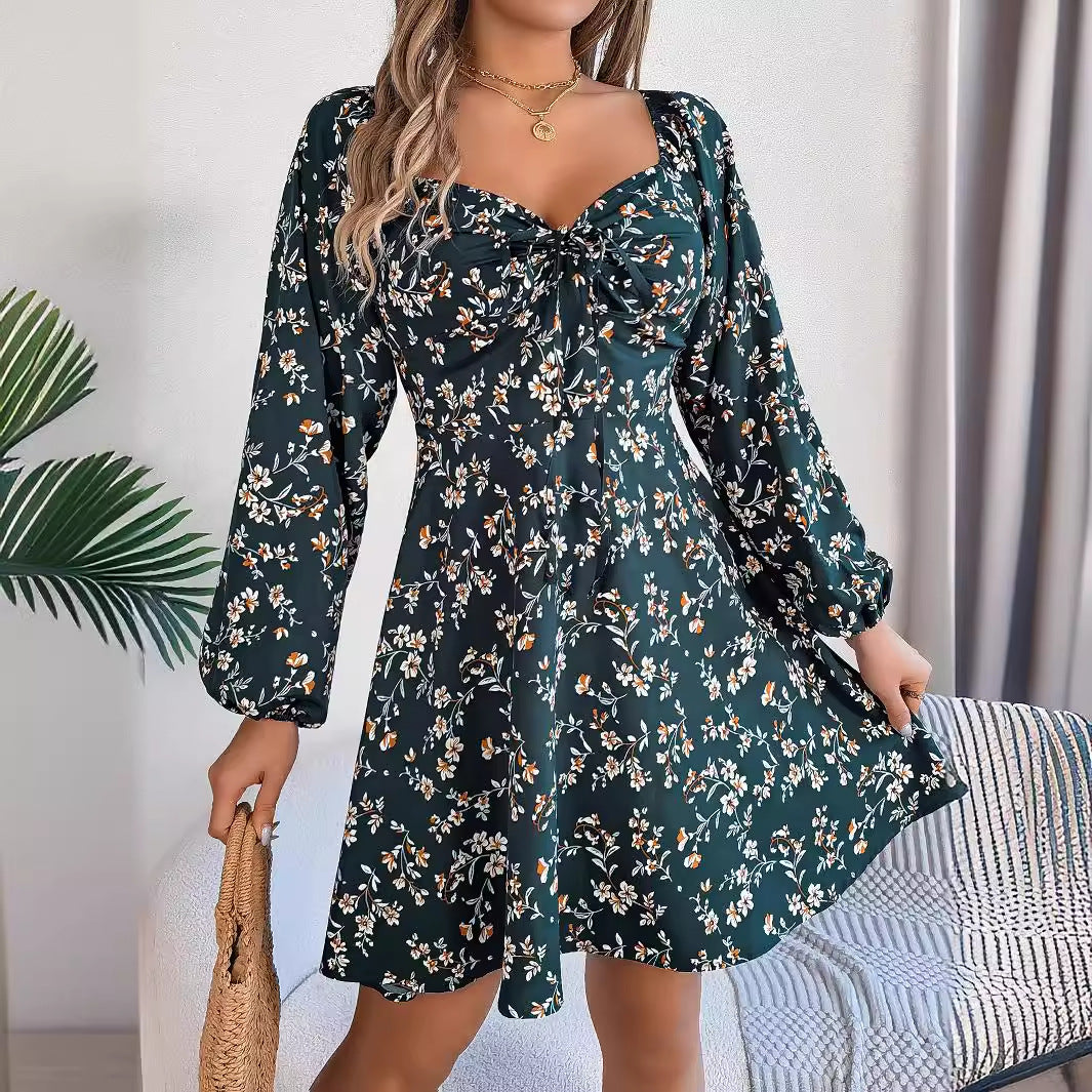 Women's Floral Chiffon Square-Neck Lantern-Sleeve Mini Dress (photo 2)