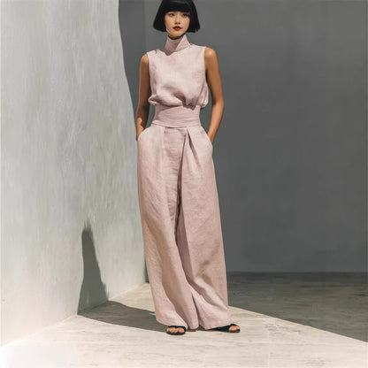 Women's Sleeveless Stand-Collar Top and Wide Pants Set (photo 4)