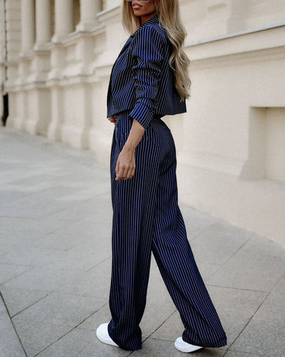 Women's Striped Lapel Crop Top and Straight Pants Set (photo 5)