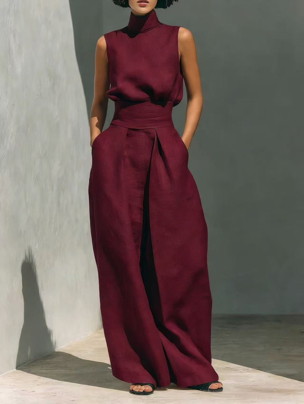 Women's Sleeveless Stand-Collar Top and Wide Pants Set (photo 12)