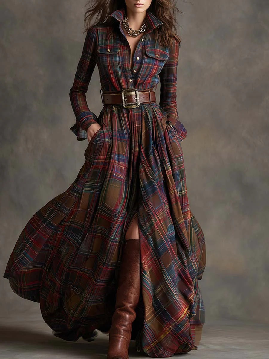 Women's Plaid Long-Sleeve Shirt Dress with Pockets (photo 7)