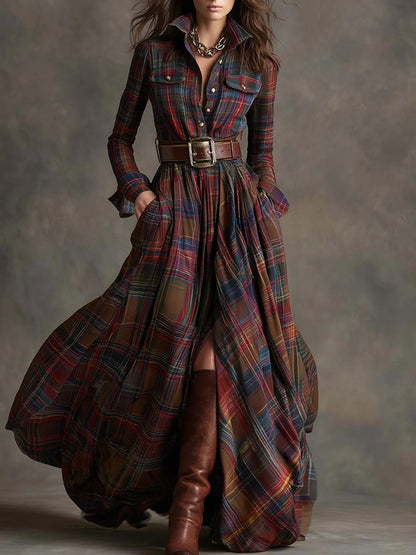 Women's Plaid Long-Sleeve Shirt Dress with Pockets (photo 7)