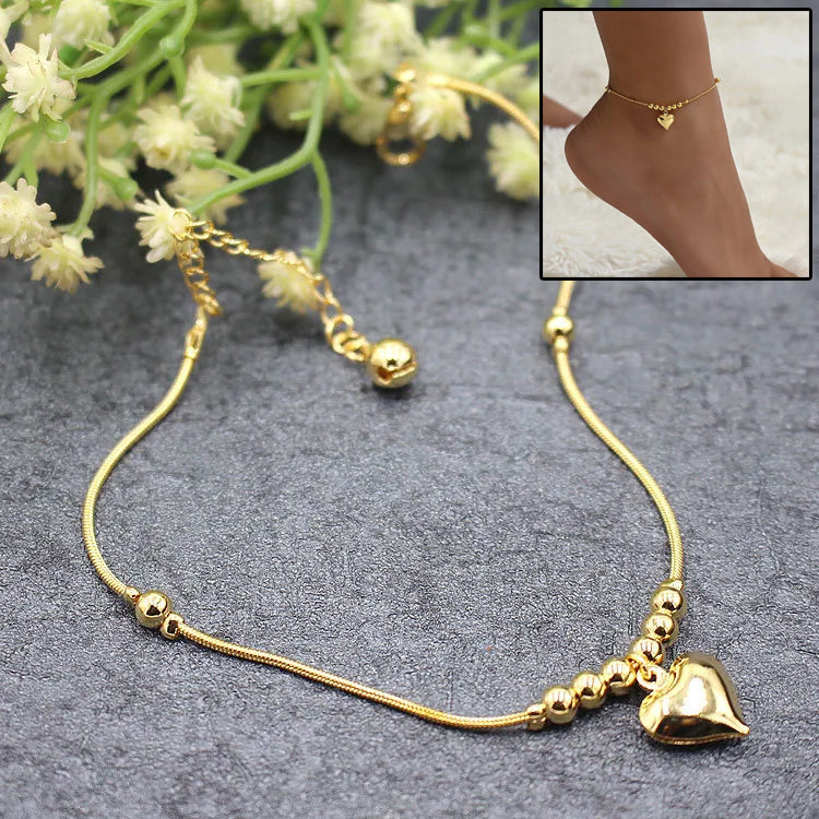 Gold-Tone Heart Pendant Beaded Anklet