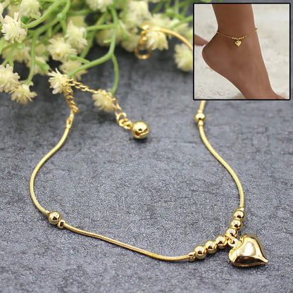 Gold-Tone Heart Pendant Beaded Anklet