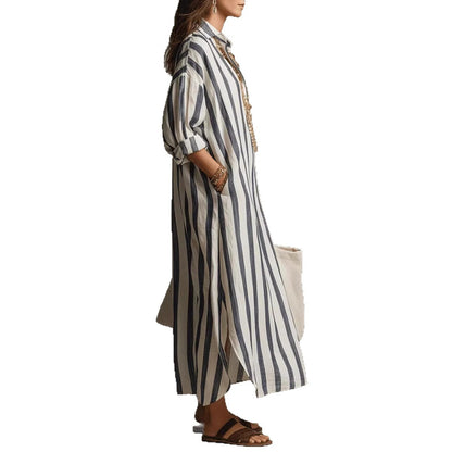 Women's Striped Split-Collar Long Shirt Dress (photo 5)