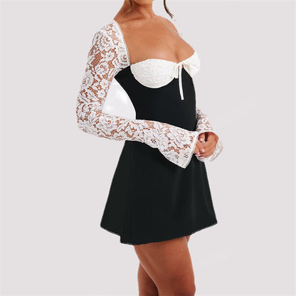 Women's Lace Long-Sleeve Lace-Up Back Mini Dress (photo 4)
