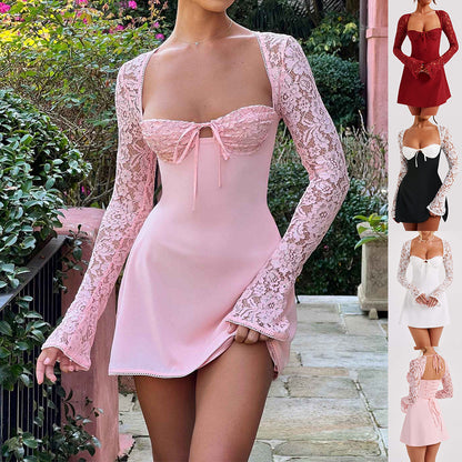 Women's Lace Long-Sleeve Lace-Up Back Mini Dress