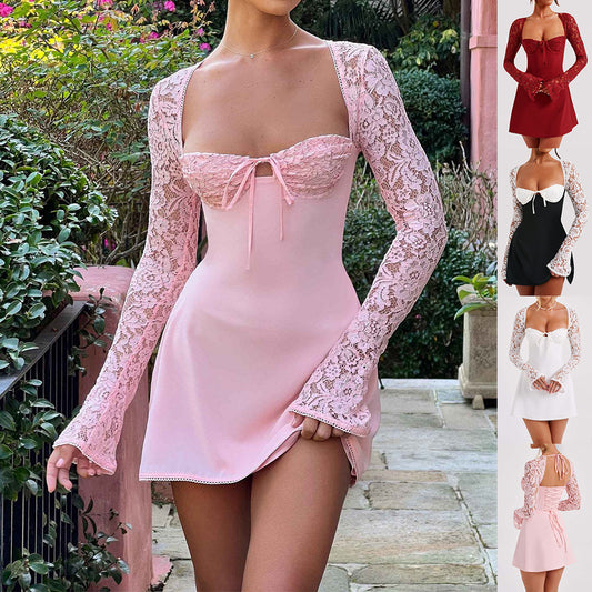 Women's Lace Long-Sleeve Lace-Up Back Mini Dress