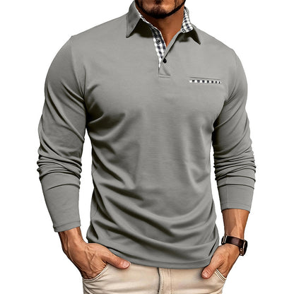 Men's Plaid-Panel Lapel Long-Sleeve Polo Shirt (photo 11)