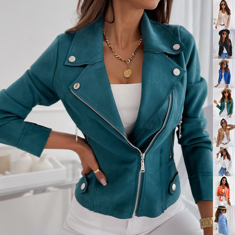 Women's Cropped Zip-Up Jacket with Lapel Collar and Pockets