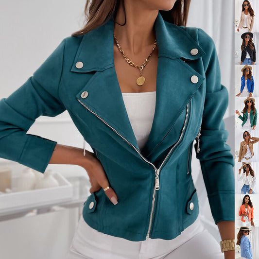 Women's Cropped Zip-Up Jacket with Lapel Collar and Pockets