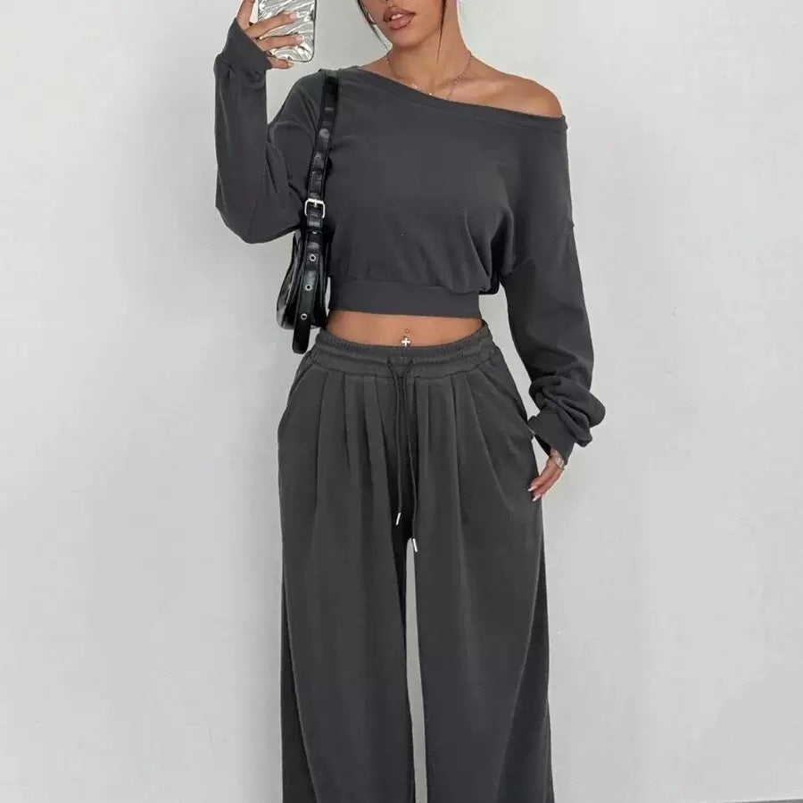 Women's One-Shoulder Sweatshirt and Tie-Waist Trousers Set (photo 11)