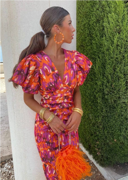 Women's Puff-Sleeve Floral V-Neck Long Dress (photo 17)