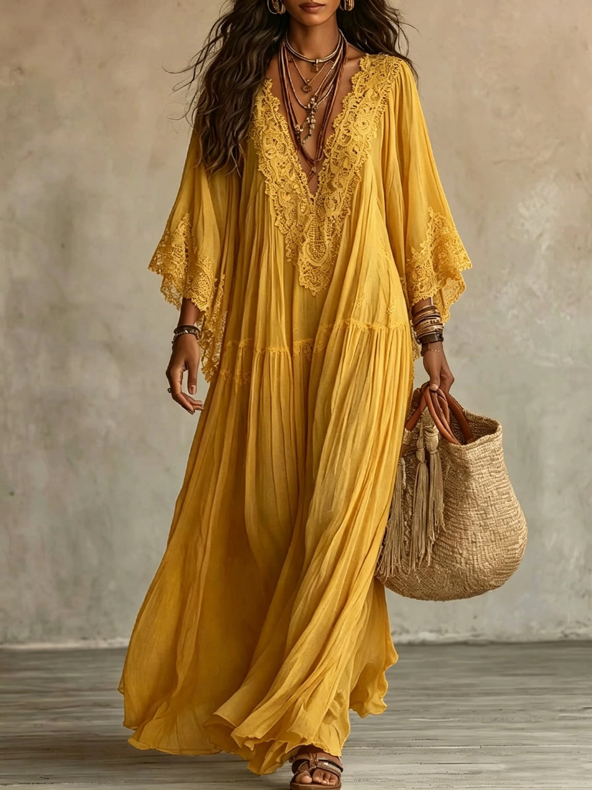 Women's V-Neck Maxi Dress with Lace Trim (photo 10)