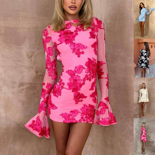 Women's Bell-Sleeve Mesh Mini Dress with Floral Details