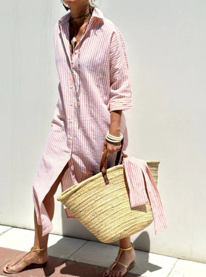 Women's Striped Half-Sleeve Shirt Dress with Belt (photo 6)