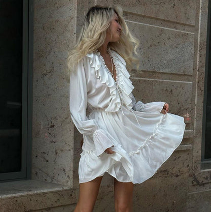 Women's V-Neck Ruffle Flare-Sleeve Mini Dress (photo 8)