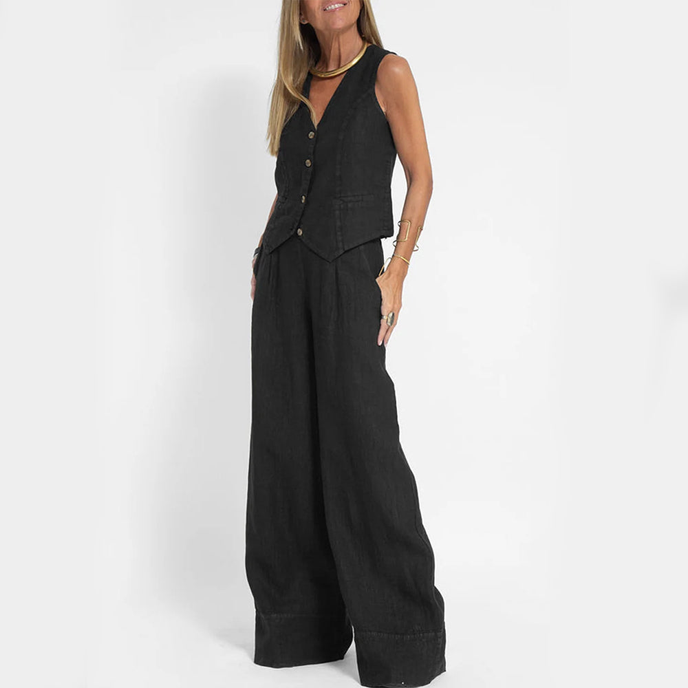 Women's Sleeveless V-Neck Vest and Straight Pants Set (photo 4)