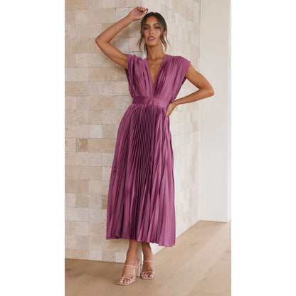 Women's V-Neck Pleated Sleeveless Dress with Zipper (photo 3)