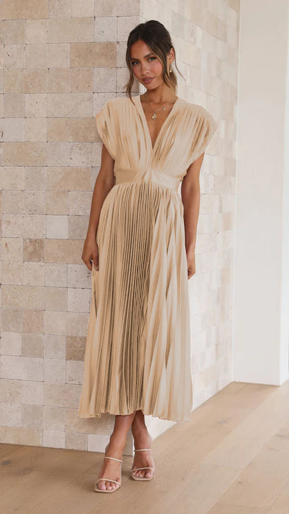 Women's V-Neck Pleated Sleeveless Dress with Zipper (photo 14)