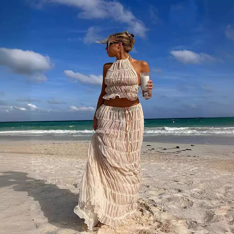 Women's Halter Crop Top and Pleated Maxi Skirt Set (photo 19)